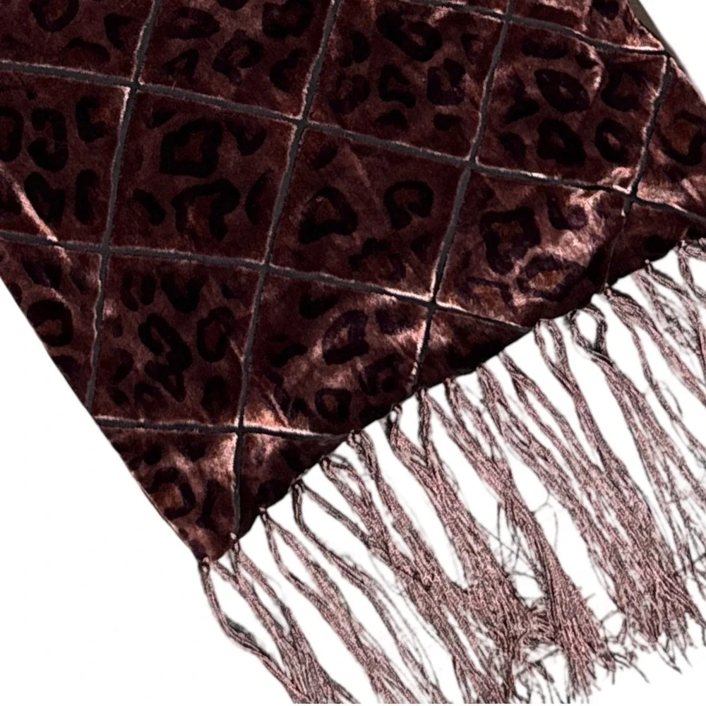 Velvet Burnout Leopard Scarf Brown Fringe Sheer‎ Overlay Wrap